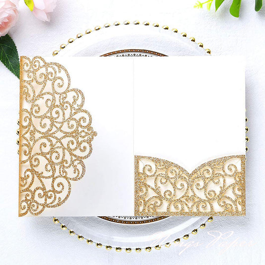 NingsPaper Gold Glitter Triple Folded Laser Cut Wedding Invitation Pocket