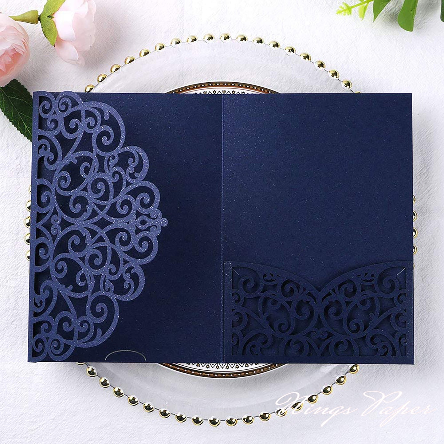 NingsPaper Navy Blue Triple Folded Laser Cut Wedding Invitation Pocket