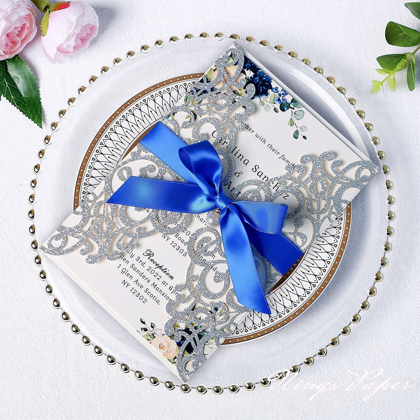 Silver Glitter Laser Cut Wedding Invitations Cards with Royal Blue Bow-knot