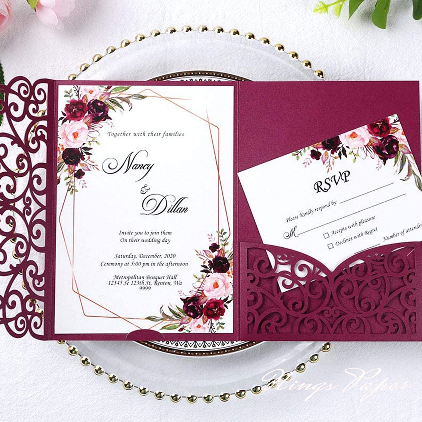 NingsPaper Burgundy Triple Folded Laser Cut Wedding Invitation Pocket