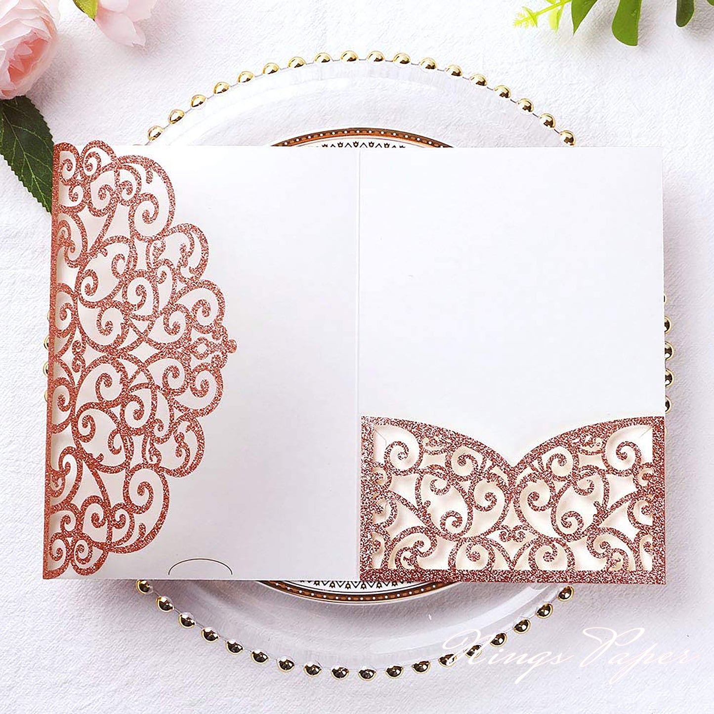 NingsPaper Rose Glitter Triple Folded Laser Cut Wedding Invitation Pocket