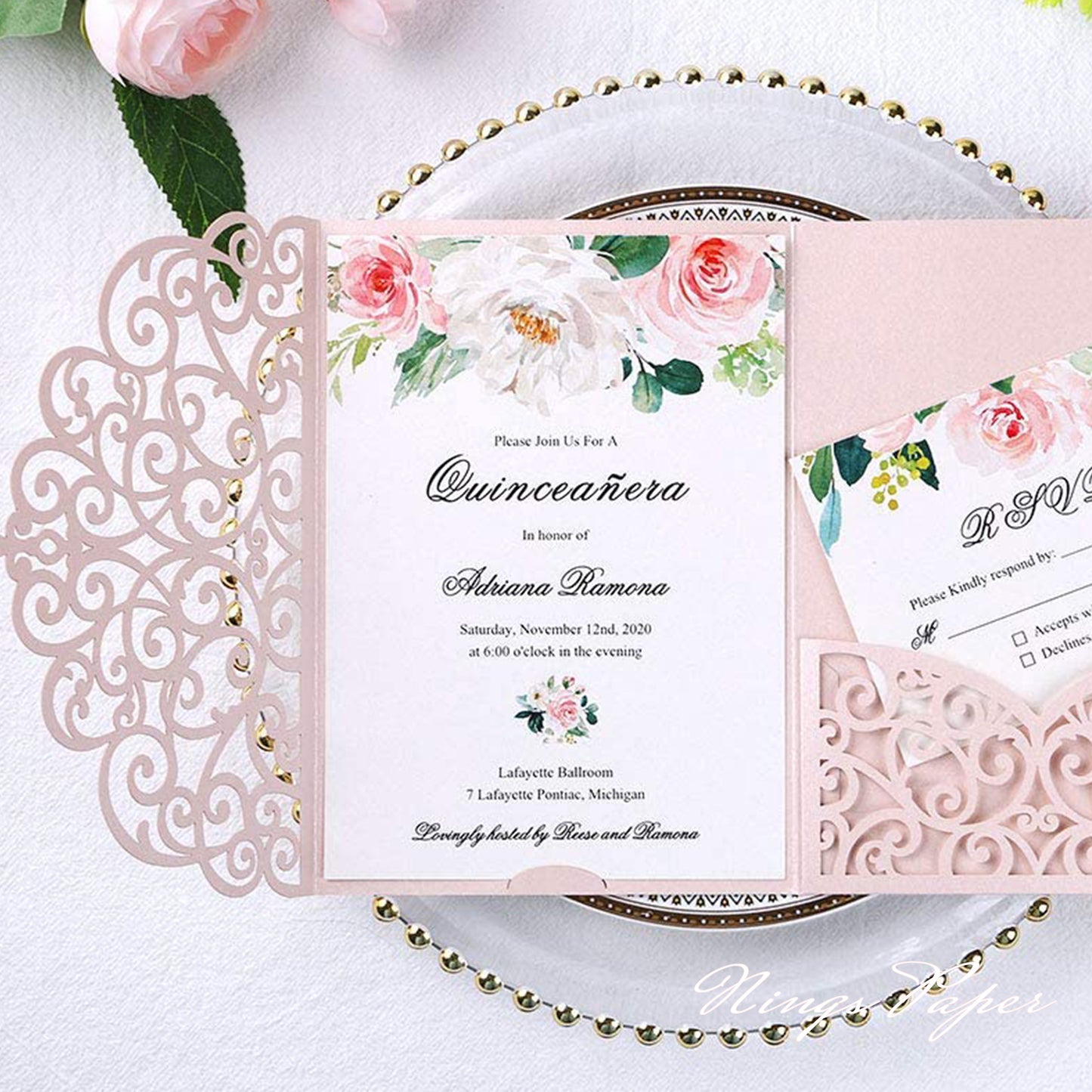 NingsPaper Blush Pink Triple Fold Laser Cut Wedding Invitation Pocket