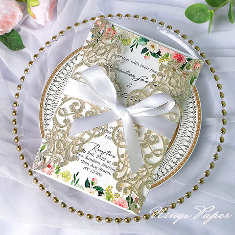 Champagne Gold Glitter Laser Cut Wedding Invitations Cards with White Bow-knot