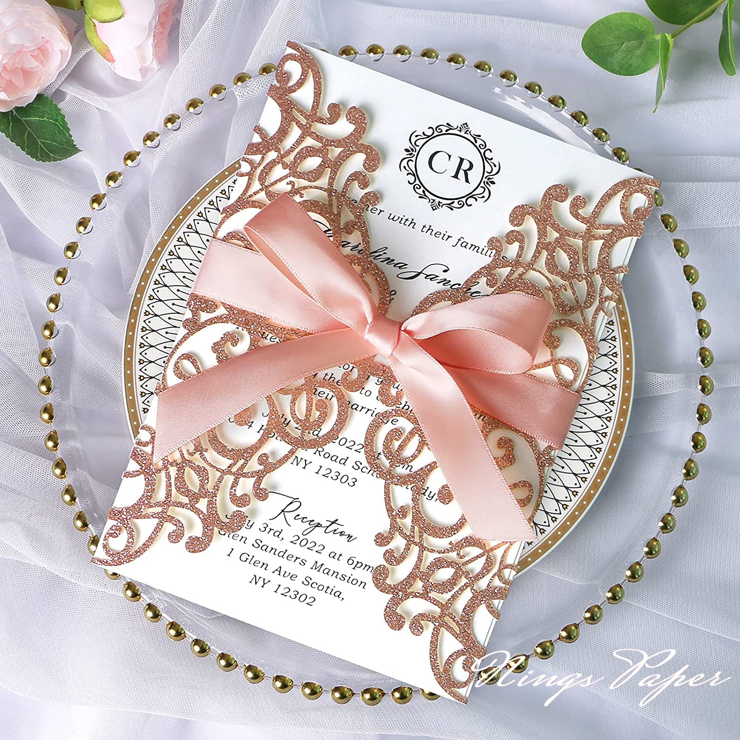 Rose Gold Glitter Laser Cut Wedding Invitations Cards with Blush Pink Bow-knot