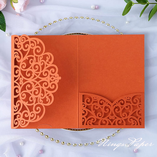 NingsPaper Burnt Orange Triple Folded Laser Cut Wedding Invitation Pocket