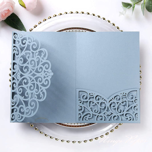 NingsPaper Dusty Blue Triple Folded Laser Cut Wedding Invitation Pocket