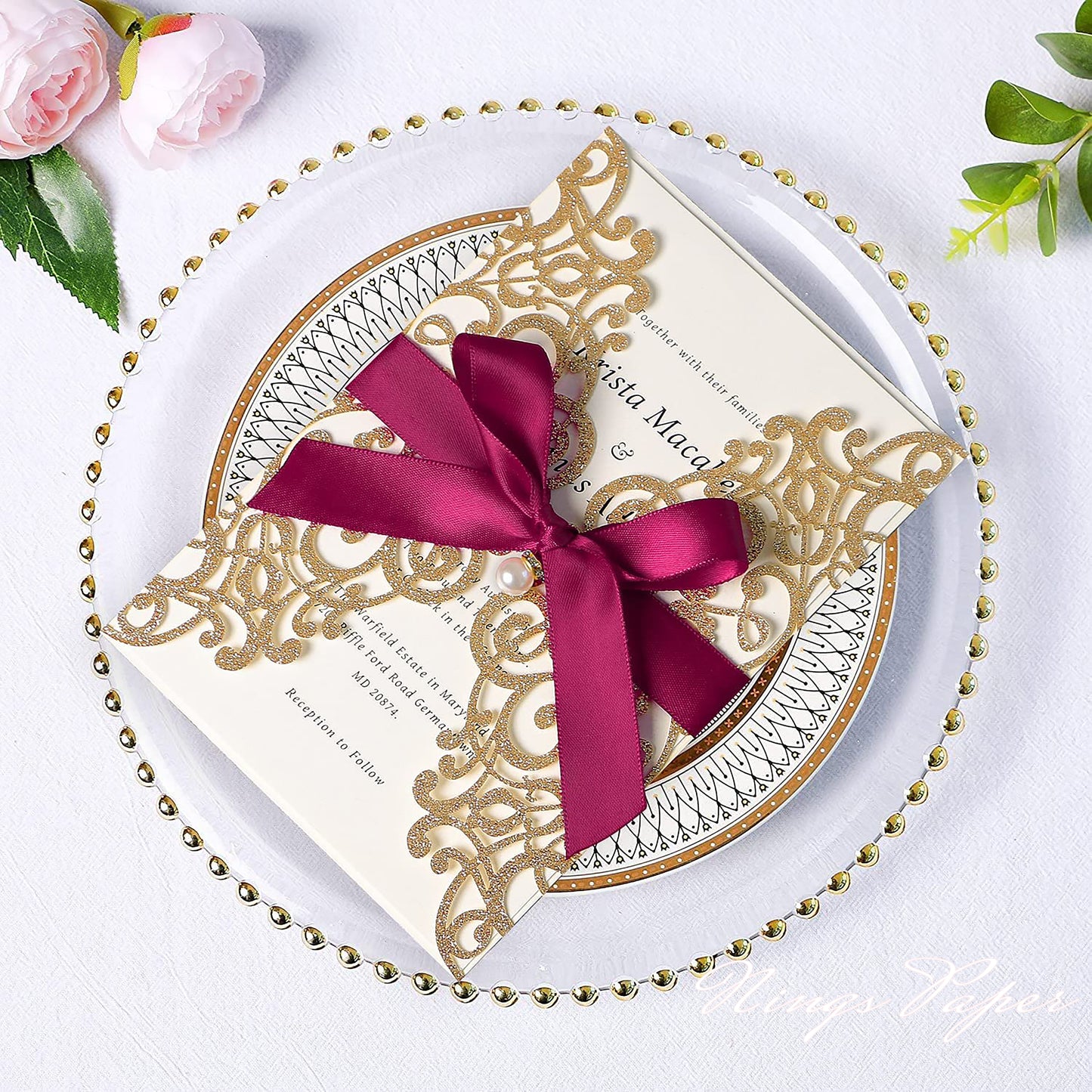 Gold Glitter Laser Cut Wedding Invitations Cards with Burgundy Bow-knot