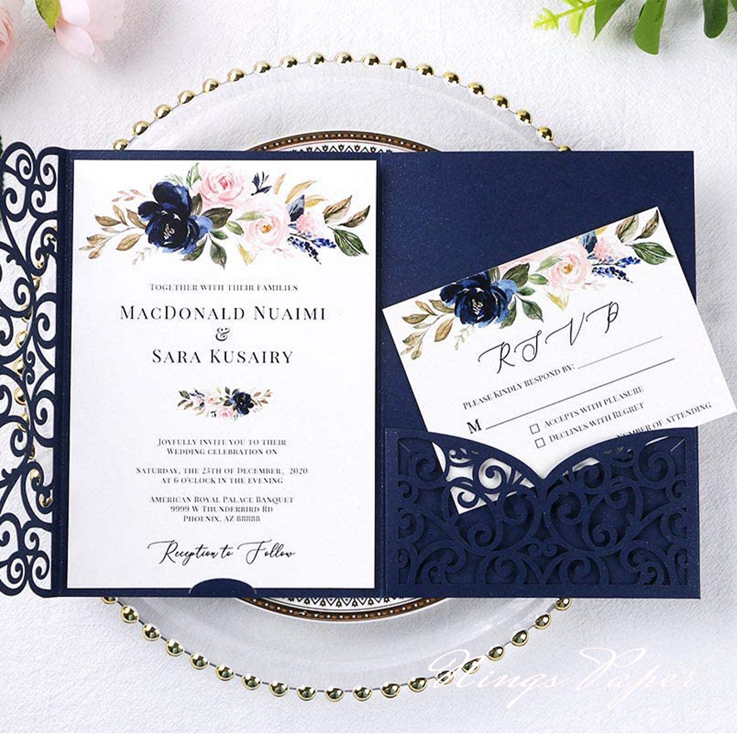 NingsPaper Navy Blue Triple Folded Laser Cut Wedding Invitation Pocket