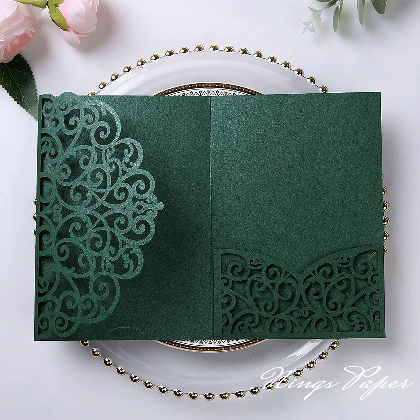 NingsPaper Emerald Green Triple Folded Laser Cut Wedding Invitation Pocket