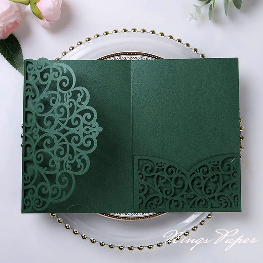 NingsPaper Emerald Green Triple Folded Laser Cut Wedding Invitation Pocket