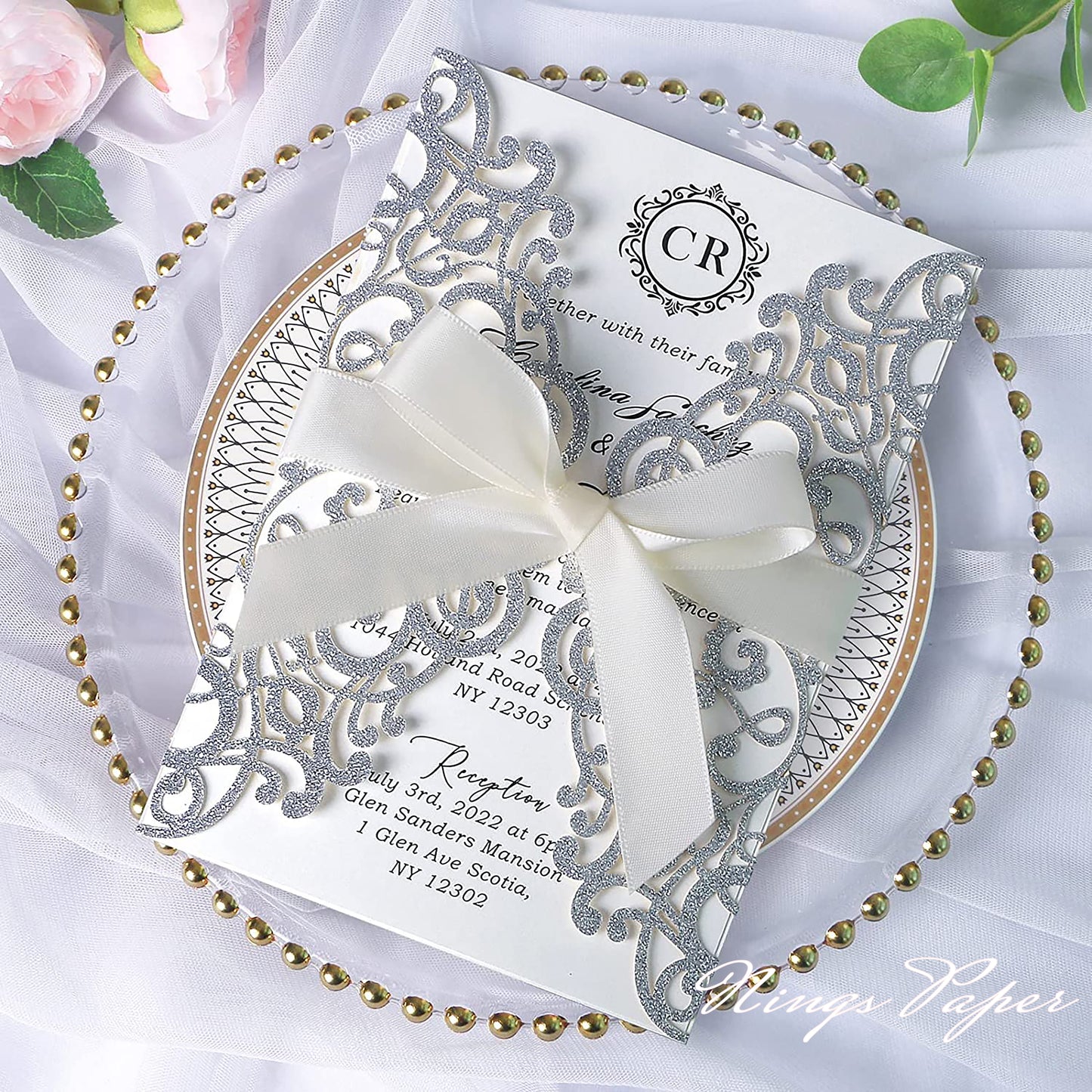 Silver Glitter Laser Cut Wedding Invitations Cards with Ivory Bow-knot