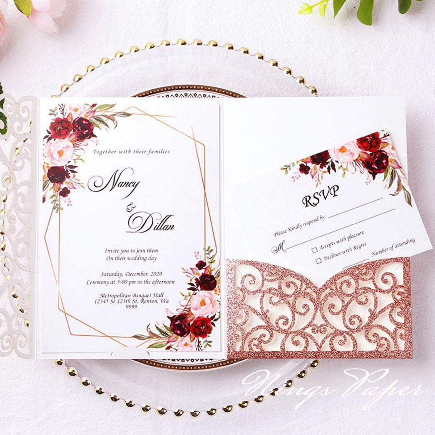 NingsPaper Rose Glitter Triple Folded Laser Cut Wedding Invitation Pocket