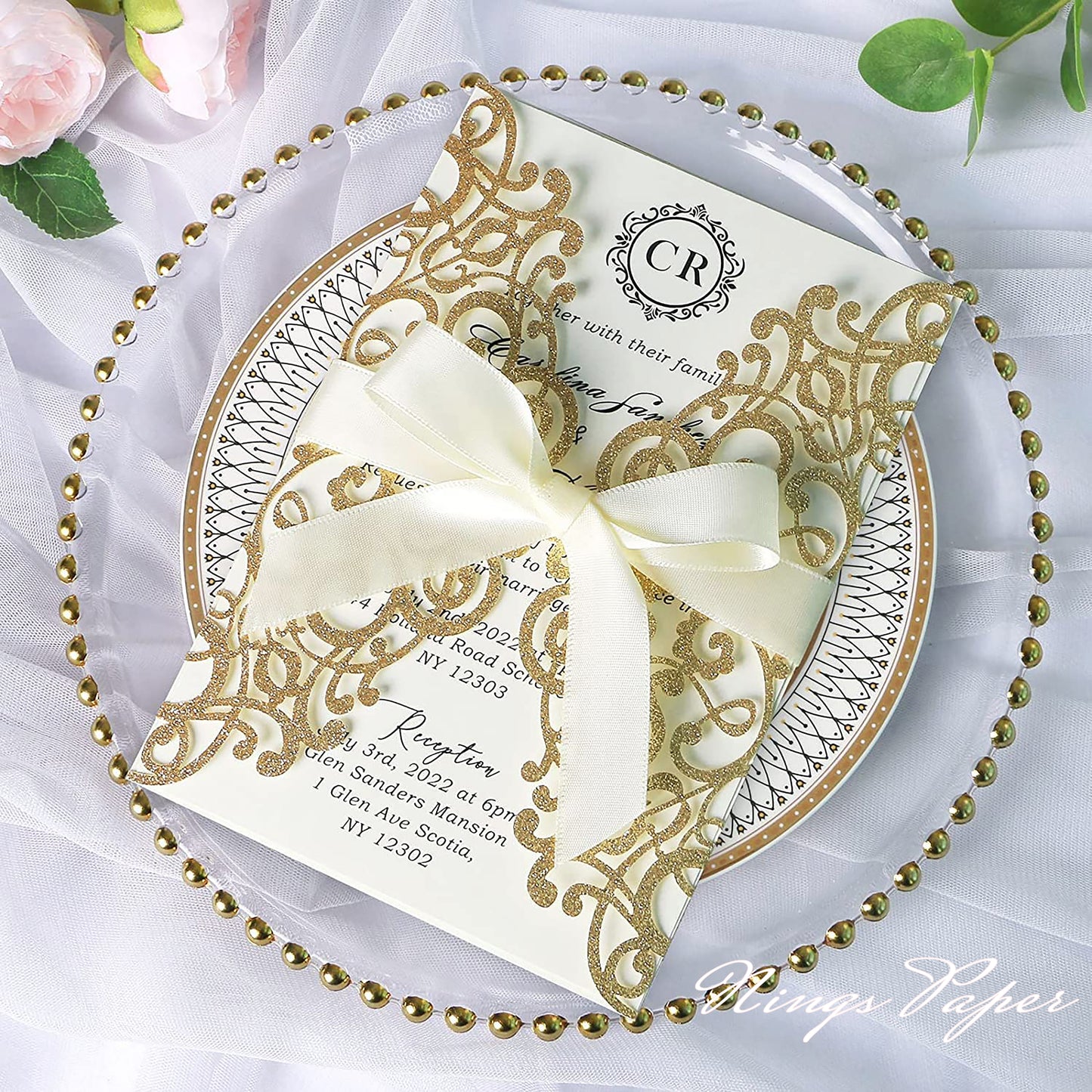 Gold Glitter Laser Cut Wedding Invitations Cards with Ivory Bow-knot