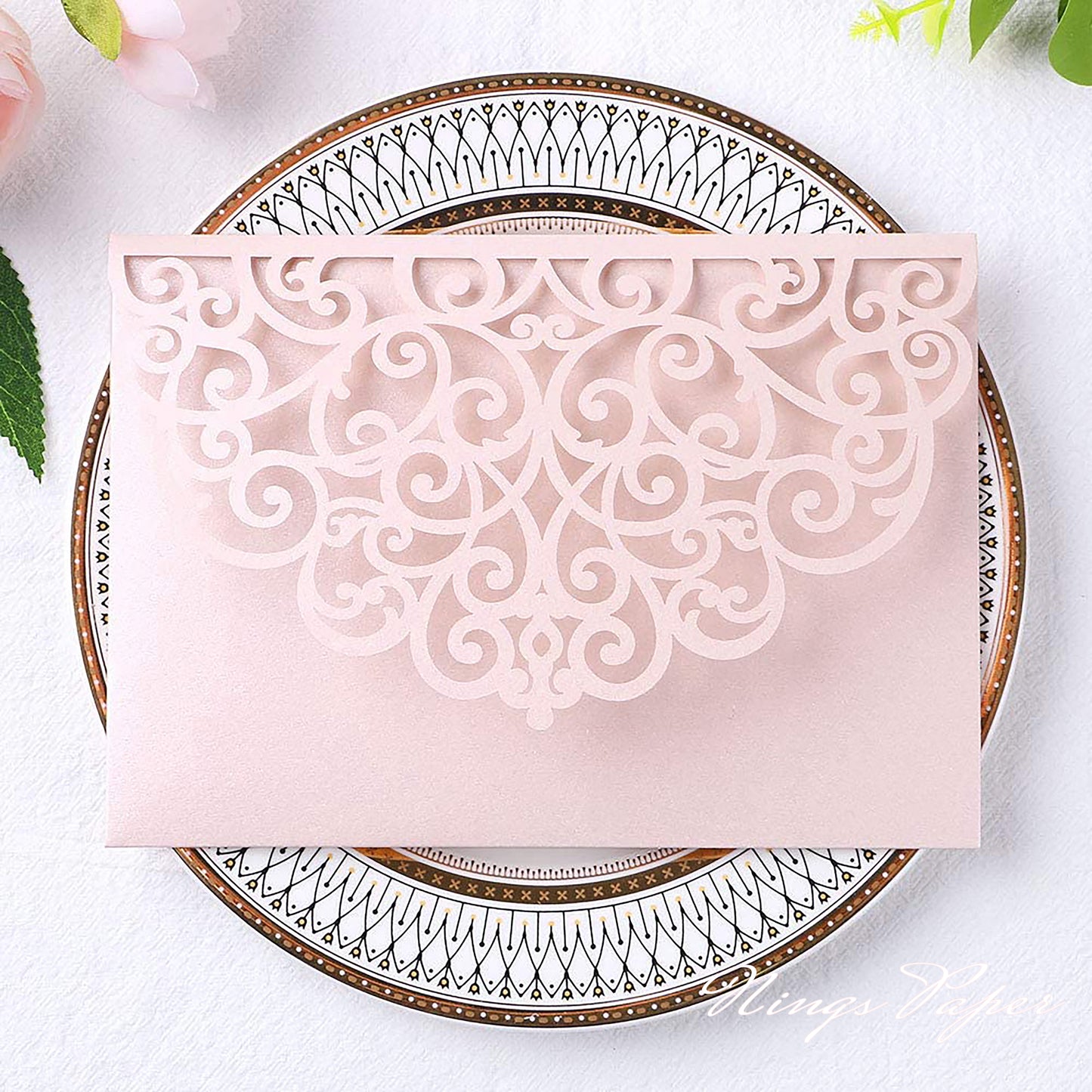 NingsPaper Blush Pink Triple Fold Laser Cut Wedding Invitation Pocket