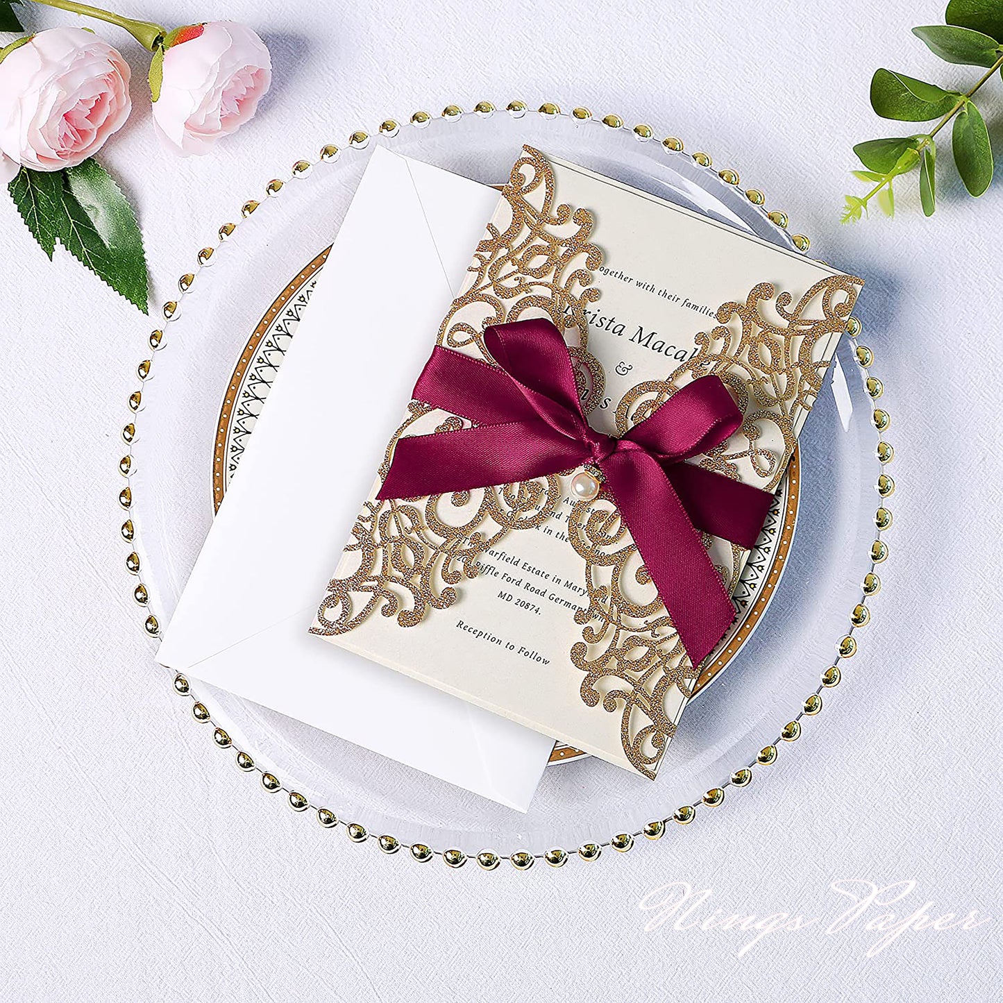 Gold Glitter Laser Cut Wedding Invitations Cards with Burgundy Bow-knot