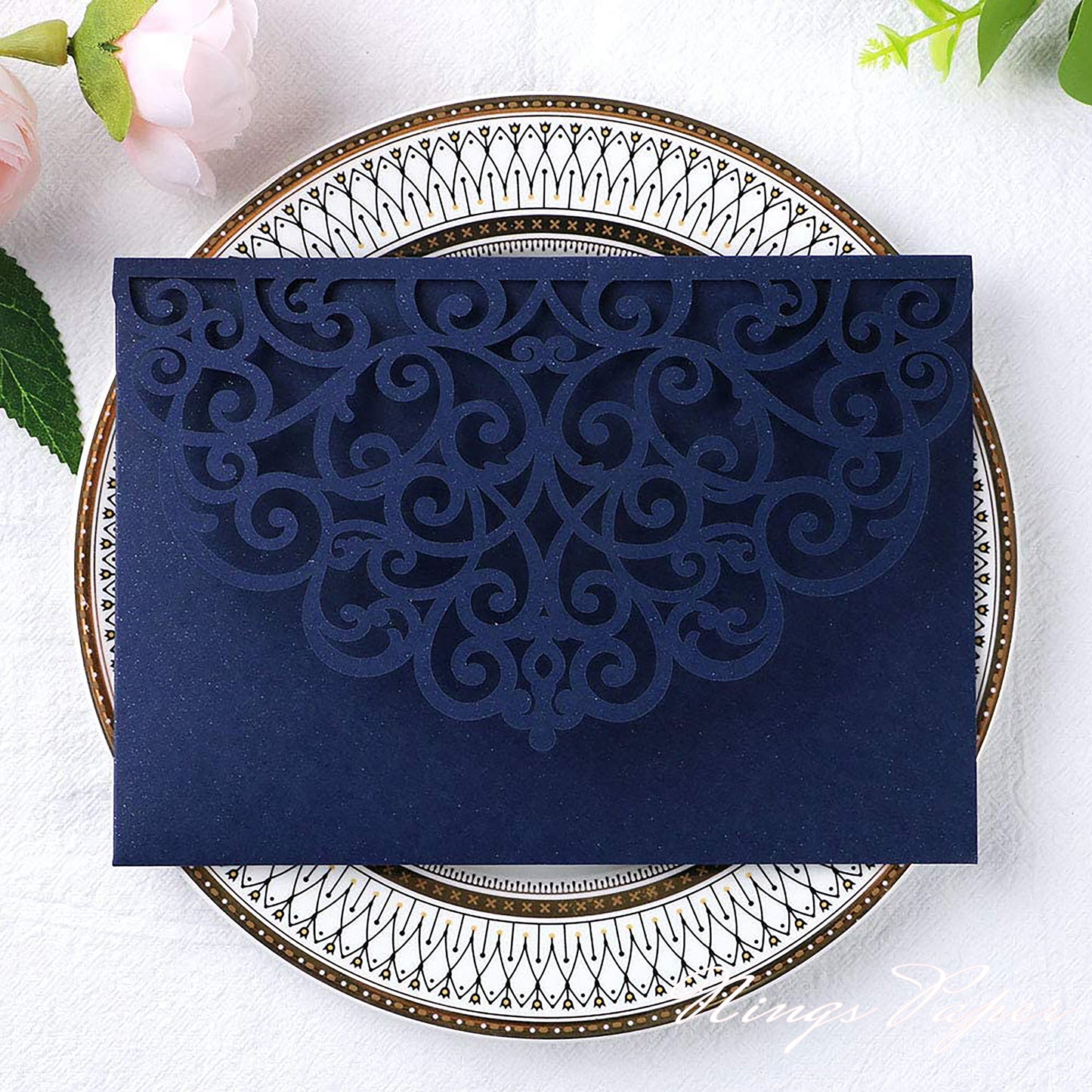 NingsPaper Navy Blue Triple Folded Laser Cut Wedding Invitation Pocket