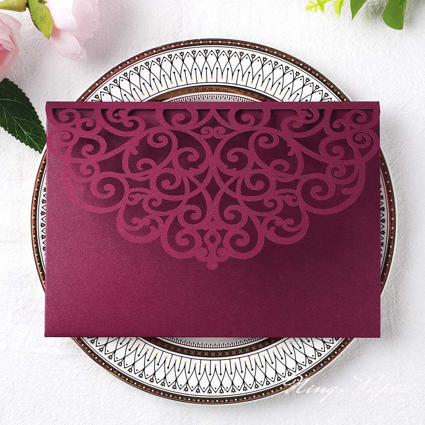 NingsPaper Burgundy Triple Folded Laser Cut Wedding Invitation Pocket