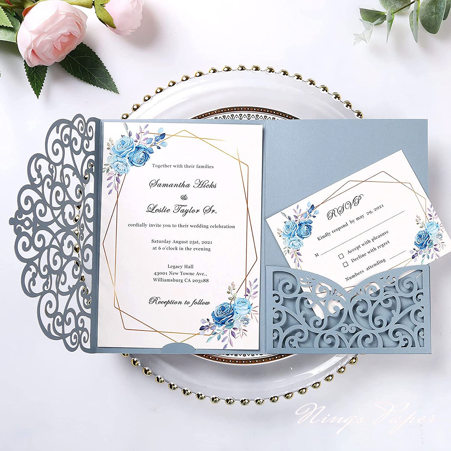 NingsPaper Dusty Blue Triple Folded Laser Cut Wedding Invitation Pocket