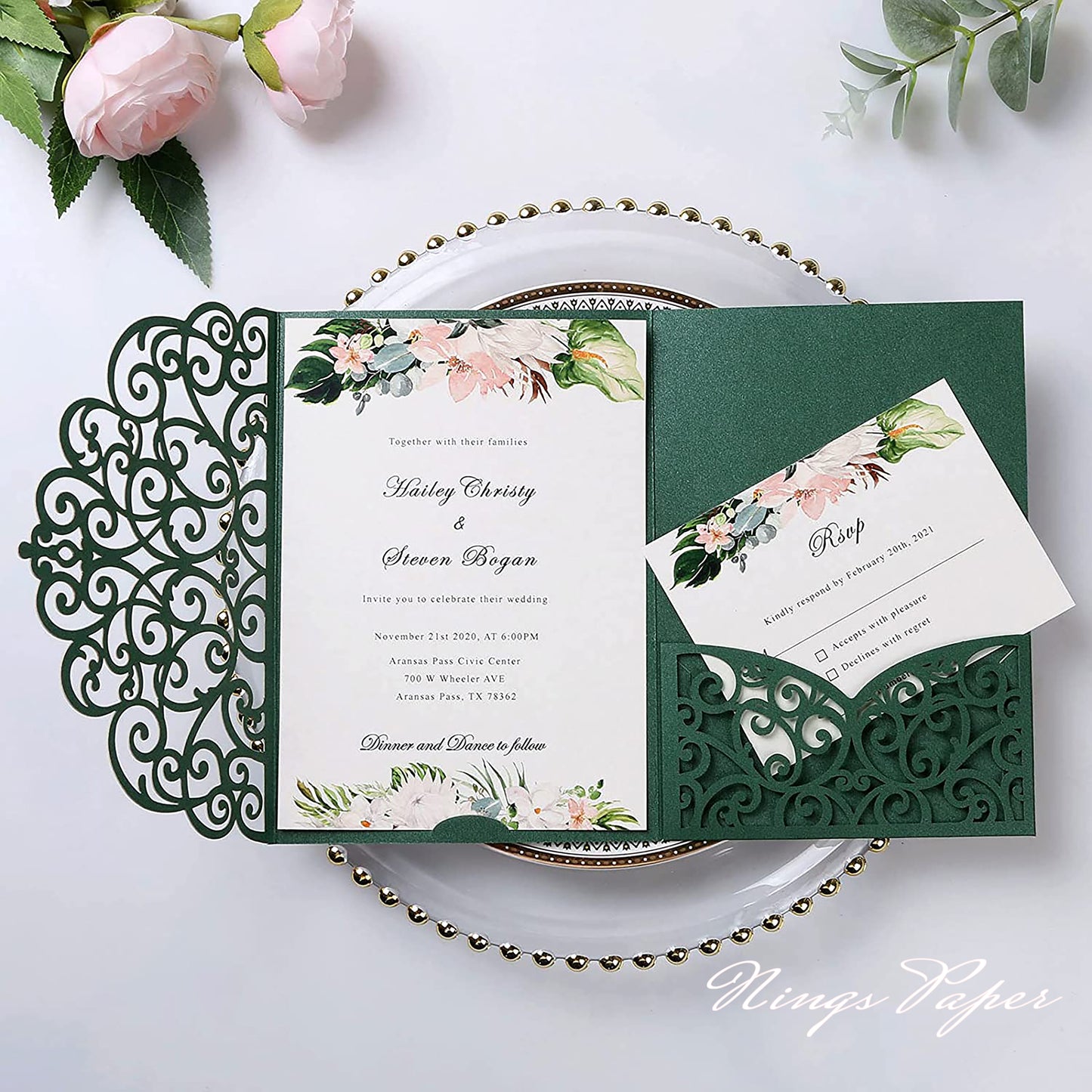 NingsPaper Emerald Green Triple Folded Laser Cut Wedding Invitation Pocket