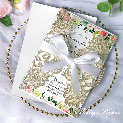 Champagne Gold Glitter Laser Cut Wedding Invitations Cards with White Bow-knot