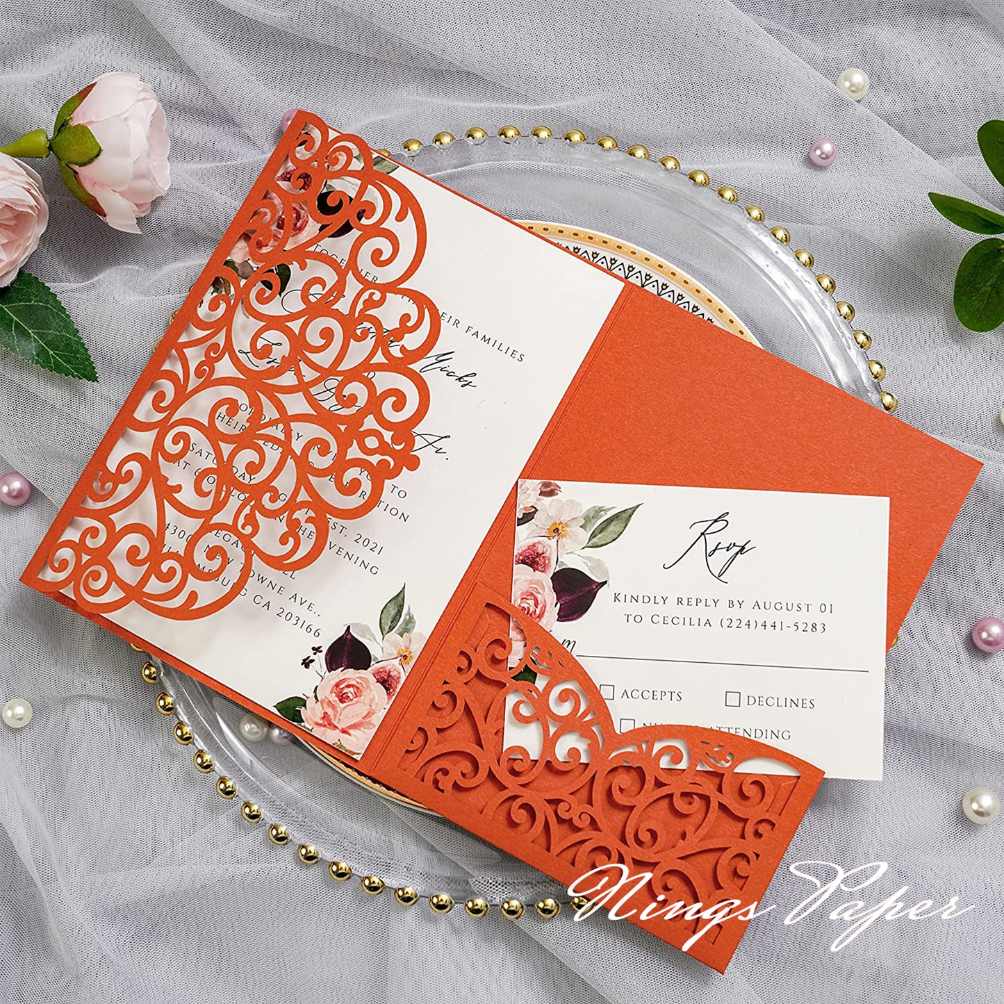 NingsPaper Burnt Orange Triple Folded Laser Cut Wedding Invitation Pocket