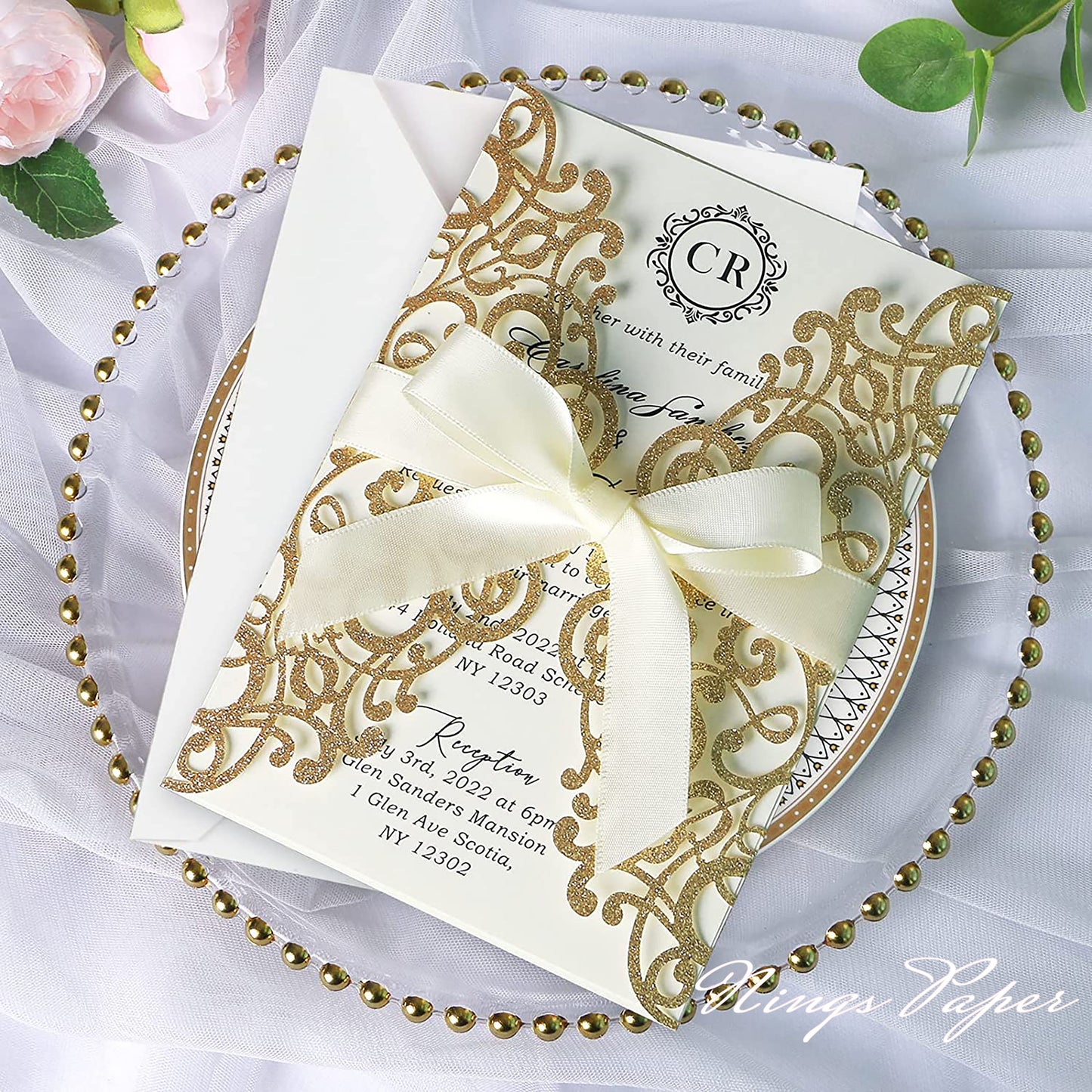 Gold Glitter Laser Cut Wedding Invitations Cards with Ivory Bow-knot