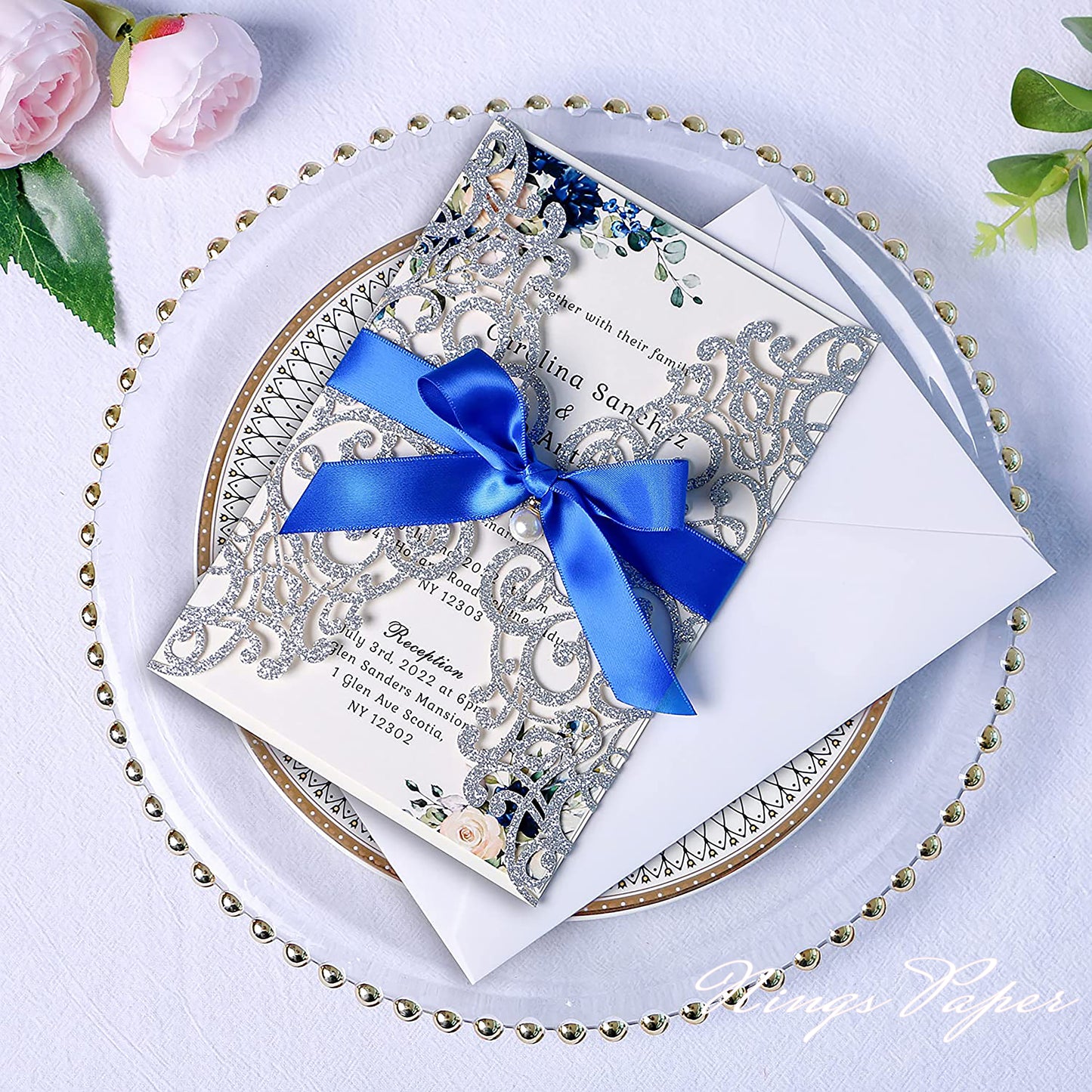 Silver Glitter Laser Cut Wedding Invitations Cards with Royal Blue Bow-knot