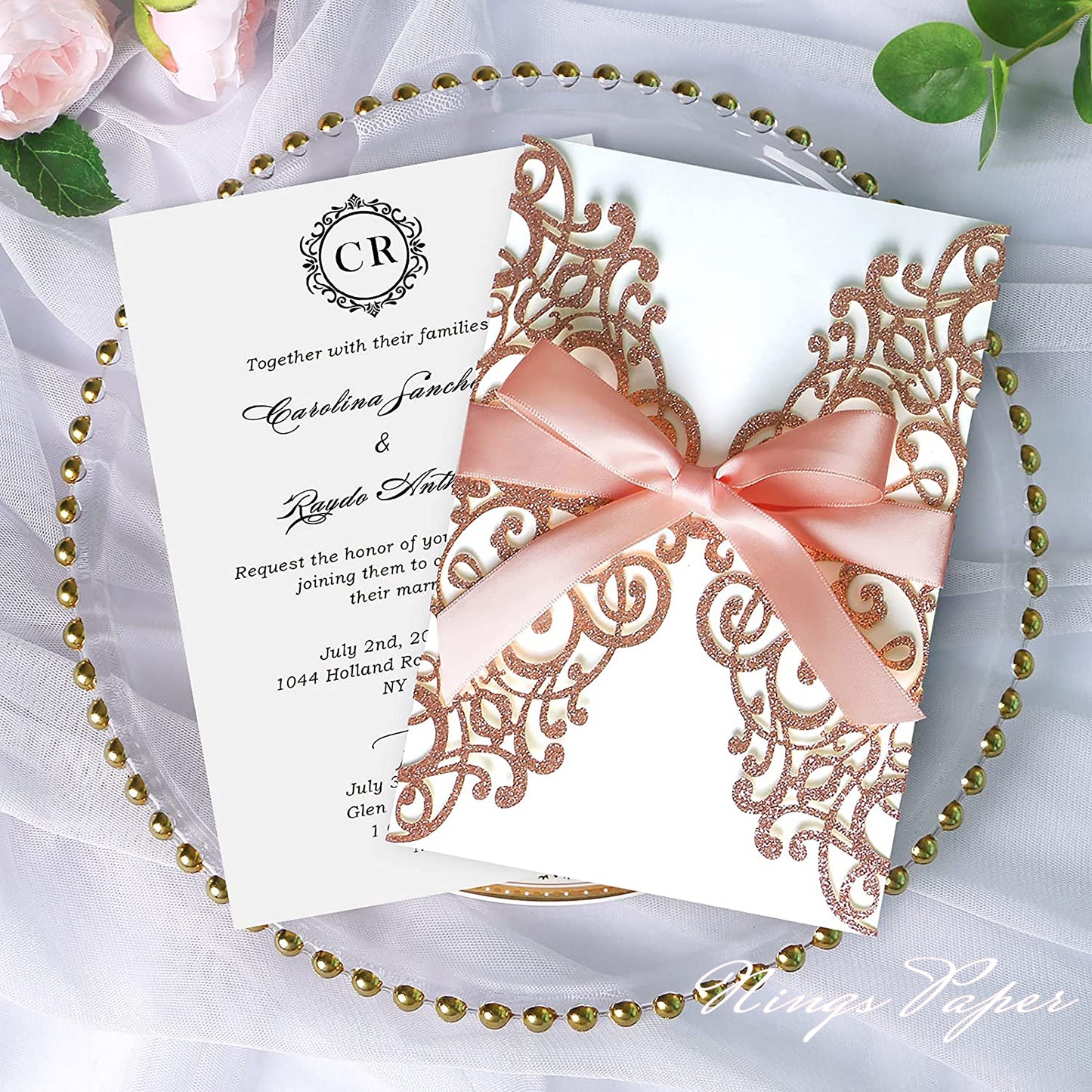 Rose Gold Glitter Laser Cut Wedding Invitations Cards with Blush Pink Bow-knot