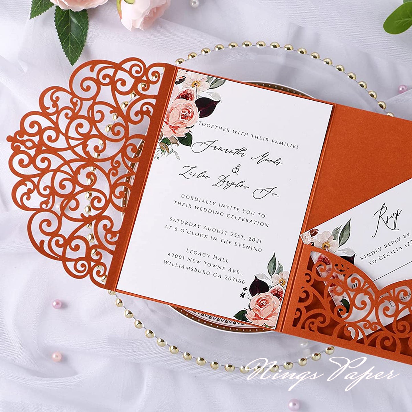 NingsPaper Burnt Orange Triple Folded Laser Cut Wedding Invitation Pocket