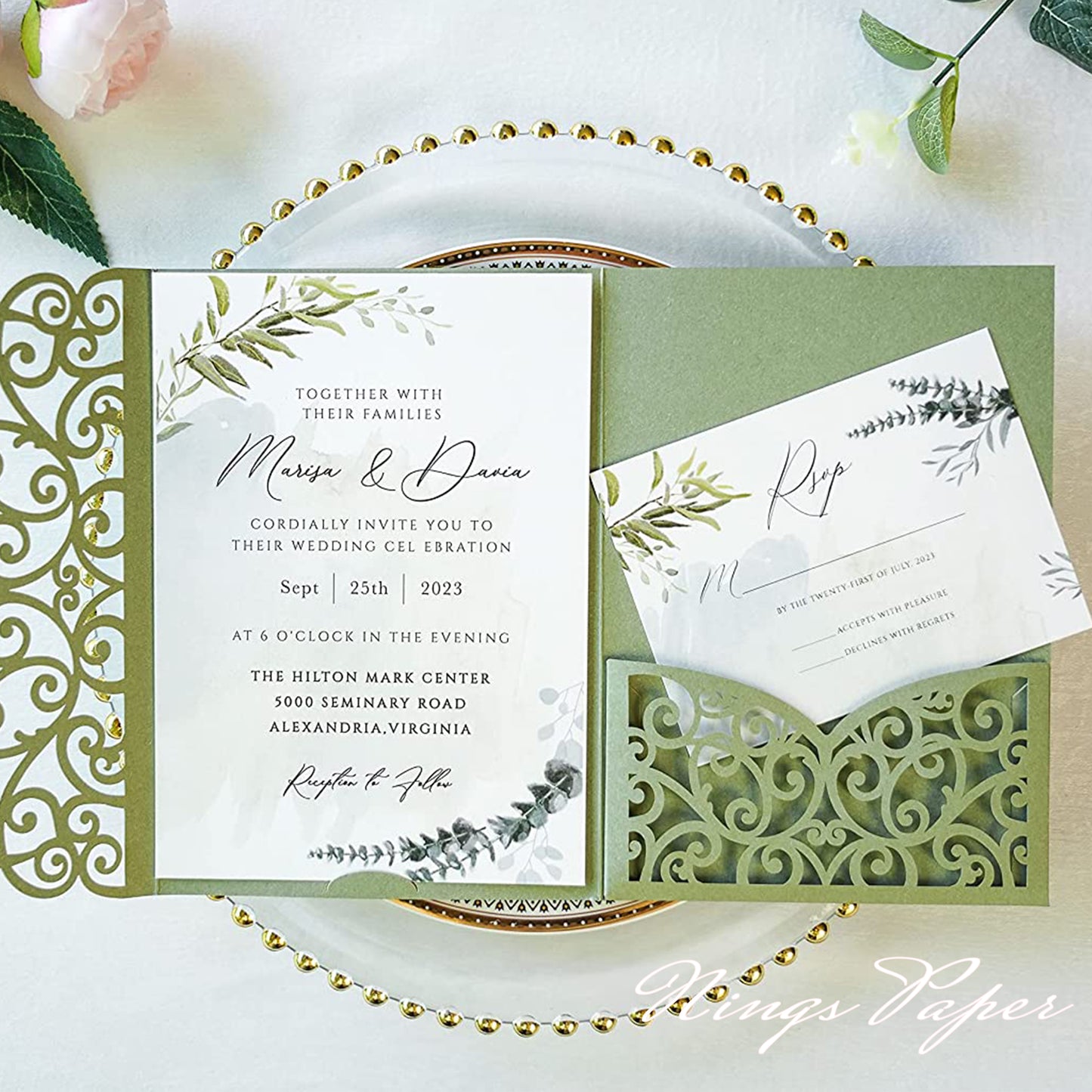 NingsPaper Sage Green Triple Folded Laser Cut Wedding Invitation Pocket