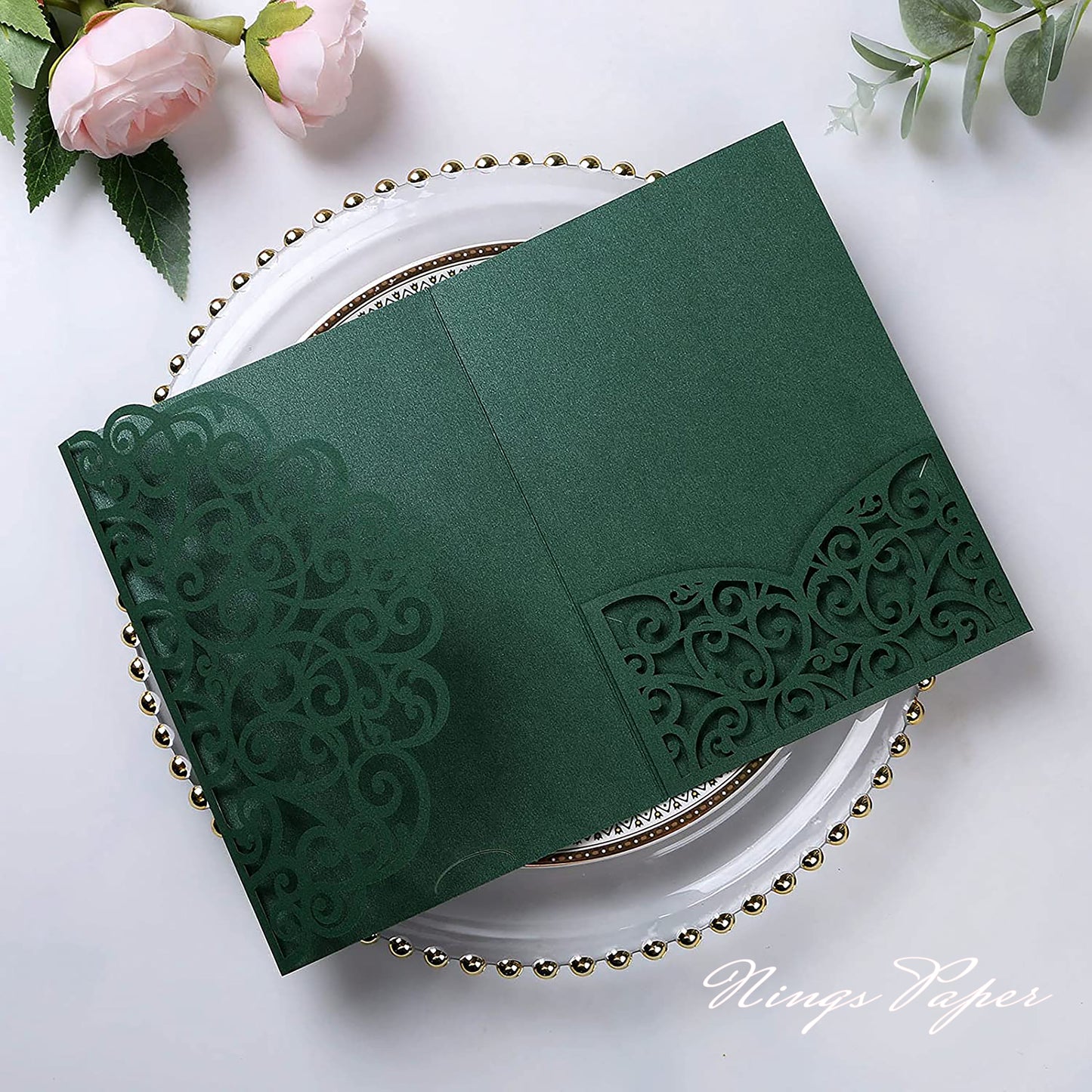 NingsPaper Emerald Green Triple Folded Laser Cut Wedding Invitation Pocket