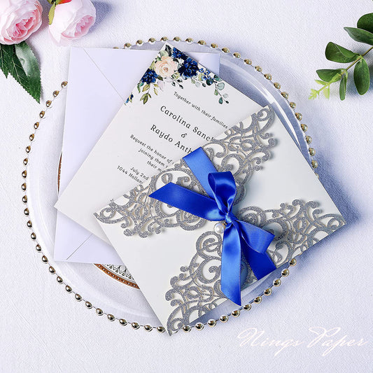 Silver Glitter Laser Cut Wedding Invitations Cards with Royal Blue Bow-knot