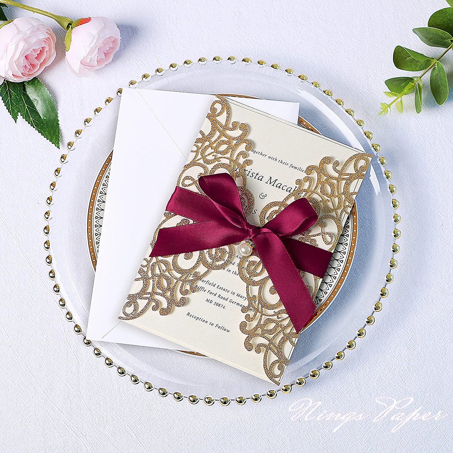 Gold Glitter Laser Cut Wedding Invitations Cards with Burgundy Bow-knot