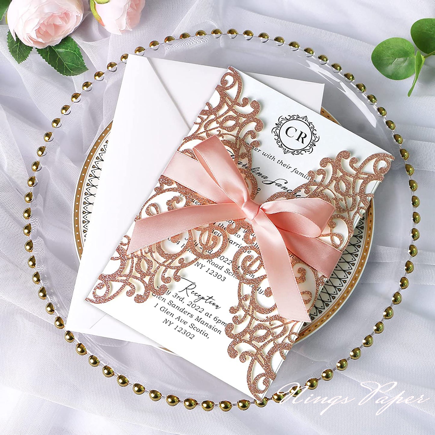 Rose Gold Glitter Laser Cut Wedding Invitations Cards with Blush Pink Bow-knot