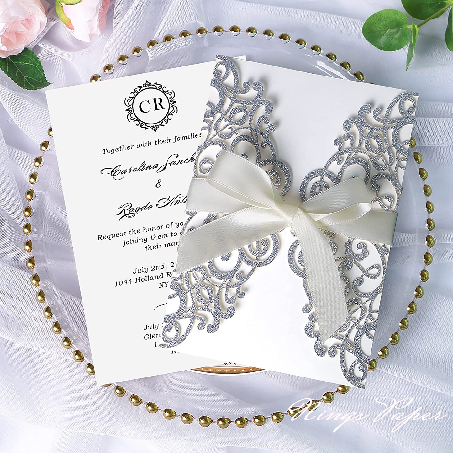 Silver Glitter Laser Cut Wedding Invitations Cards with Ivory Bow-knot