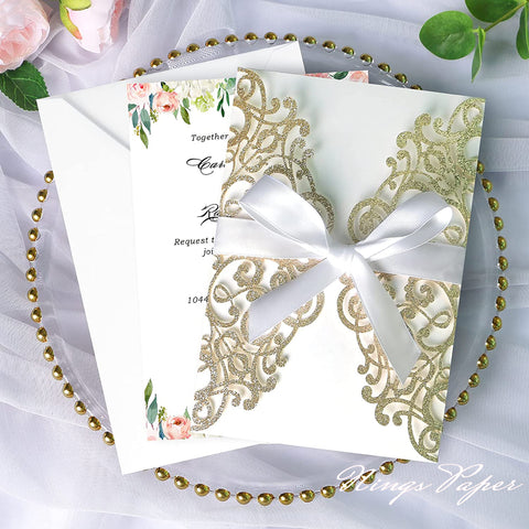 Champagne Gold Glitter Laser Cut Wedding Invitations Cards with White Bow-knot