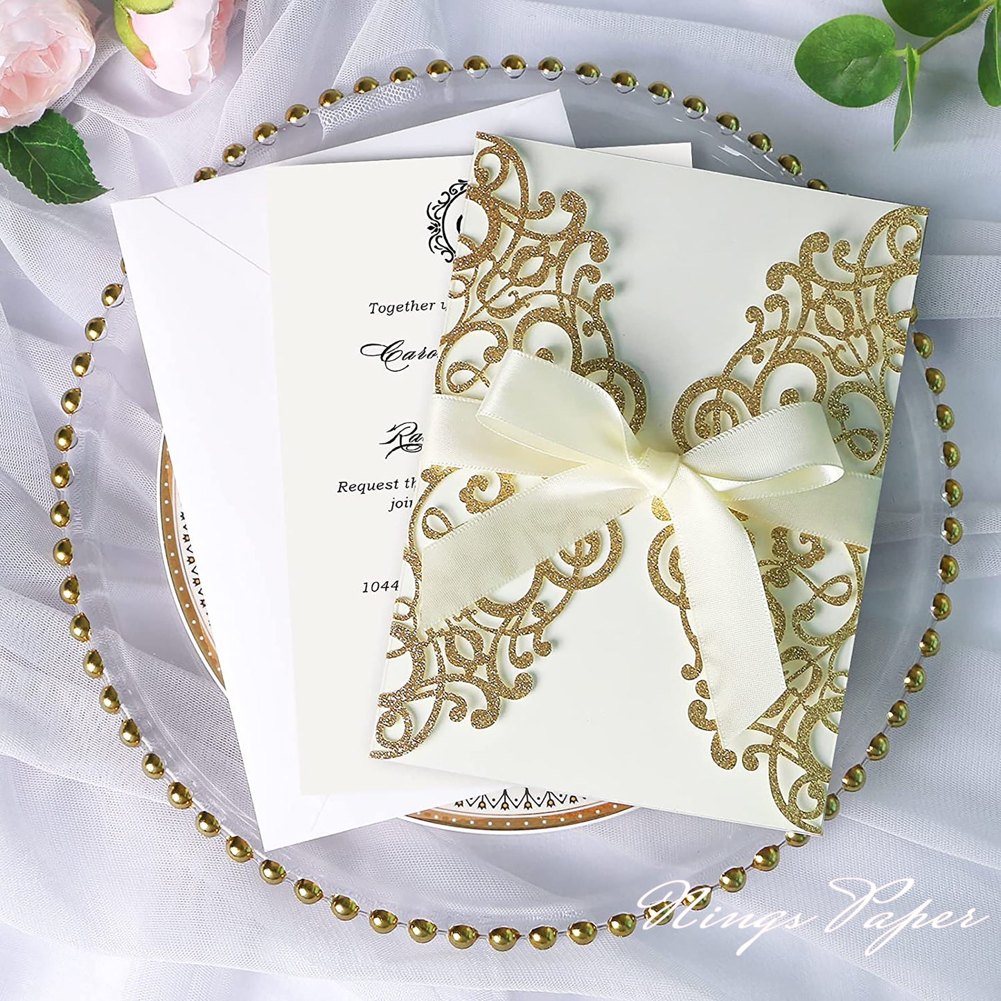 Gold Glitter Laser Cut Wedding Invitations Cards with Ivory Bow-knot