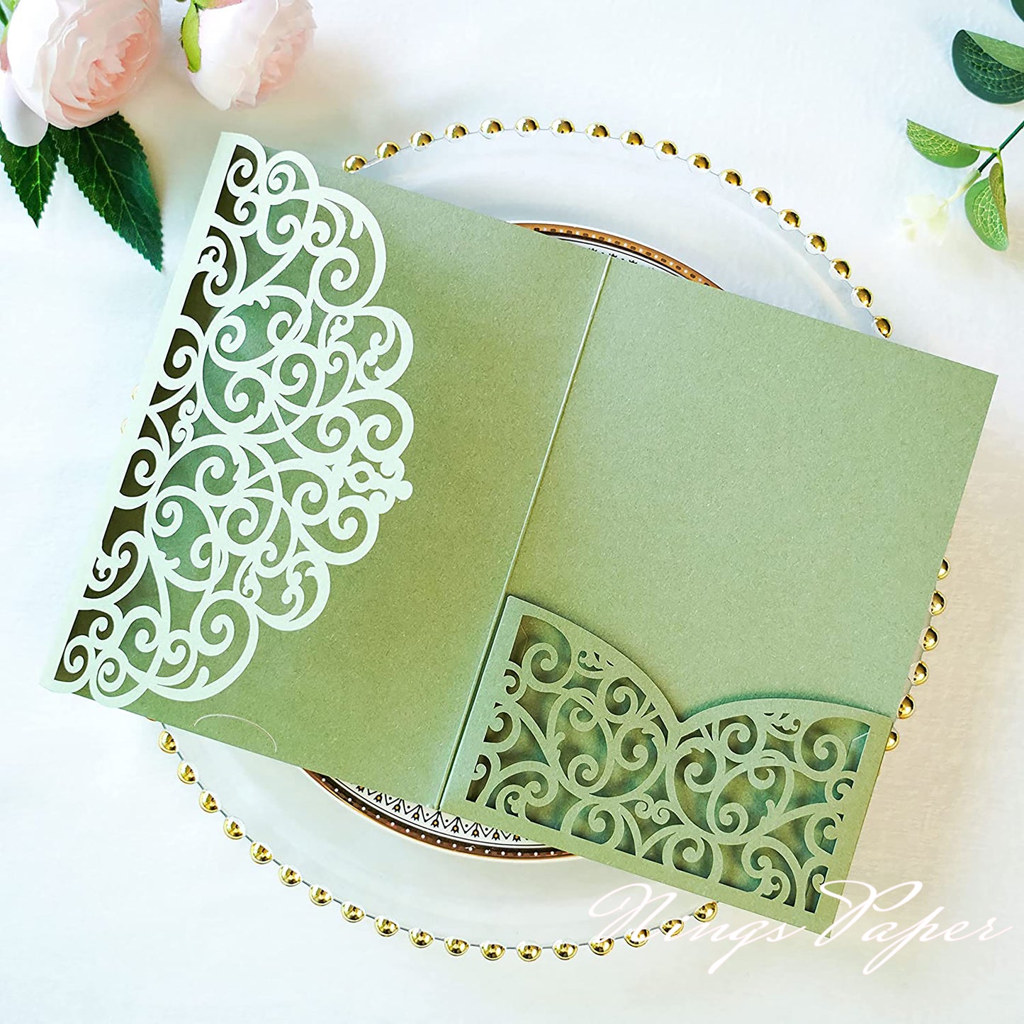 NingsPaper Sage Green Triple Folded Laser Cut Wedding Invitation Pocket