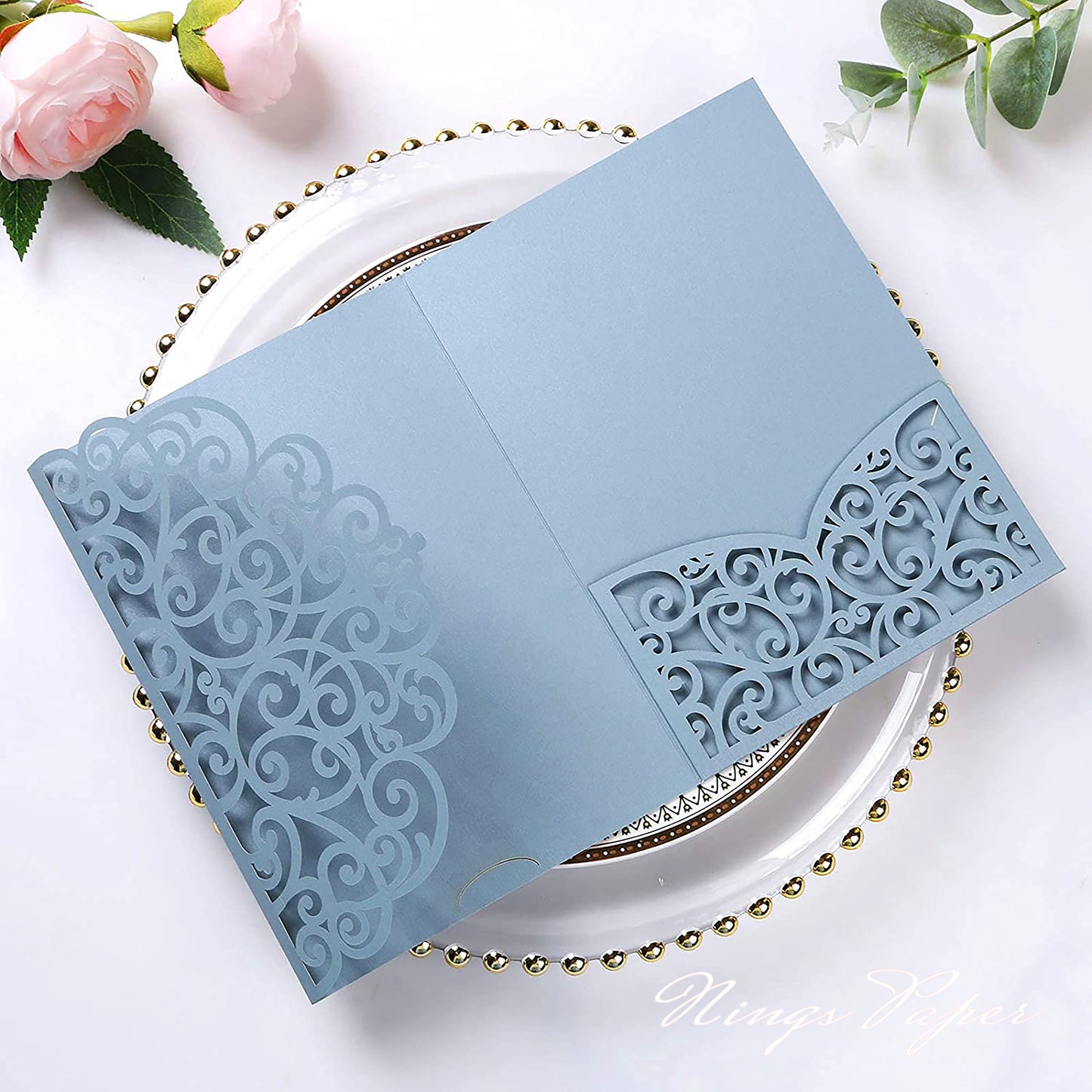 NingsPaper Dusty Blue Triple Folded Laser Cut Wedding Invitation Pocket