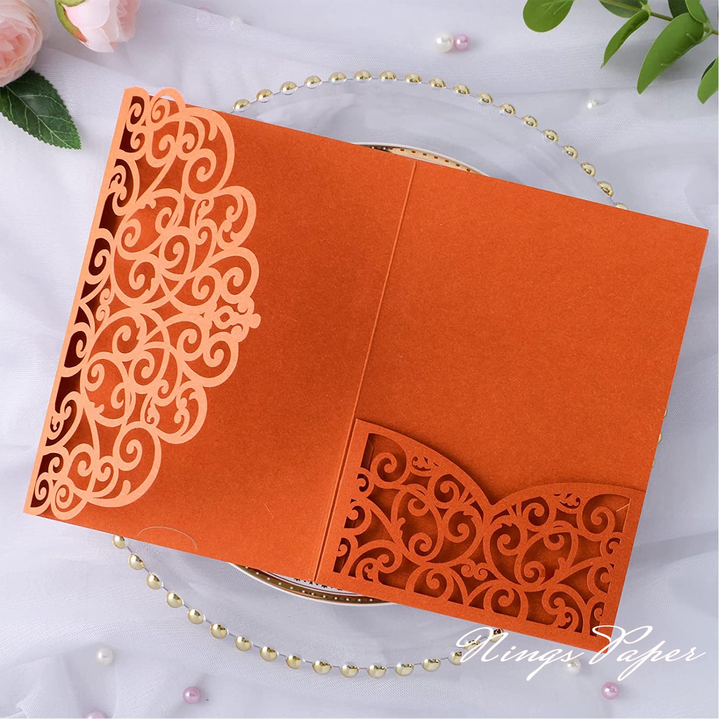 NingsPaper Burnt Orange Triple Folded Laser Cut Wedding Invitation Pocket