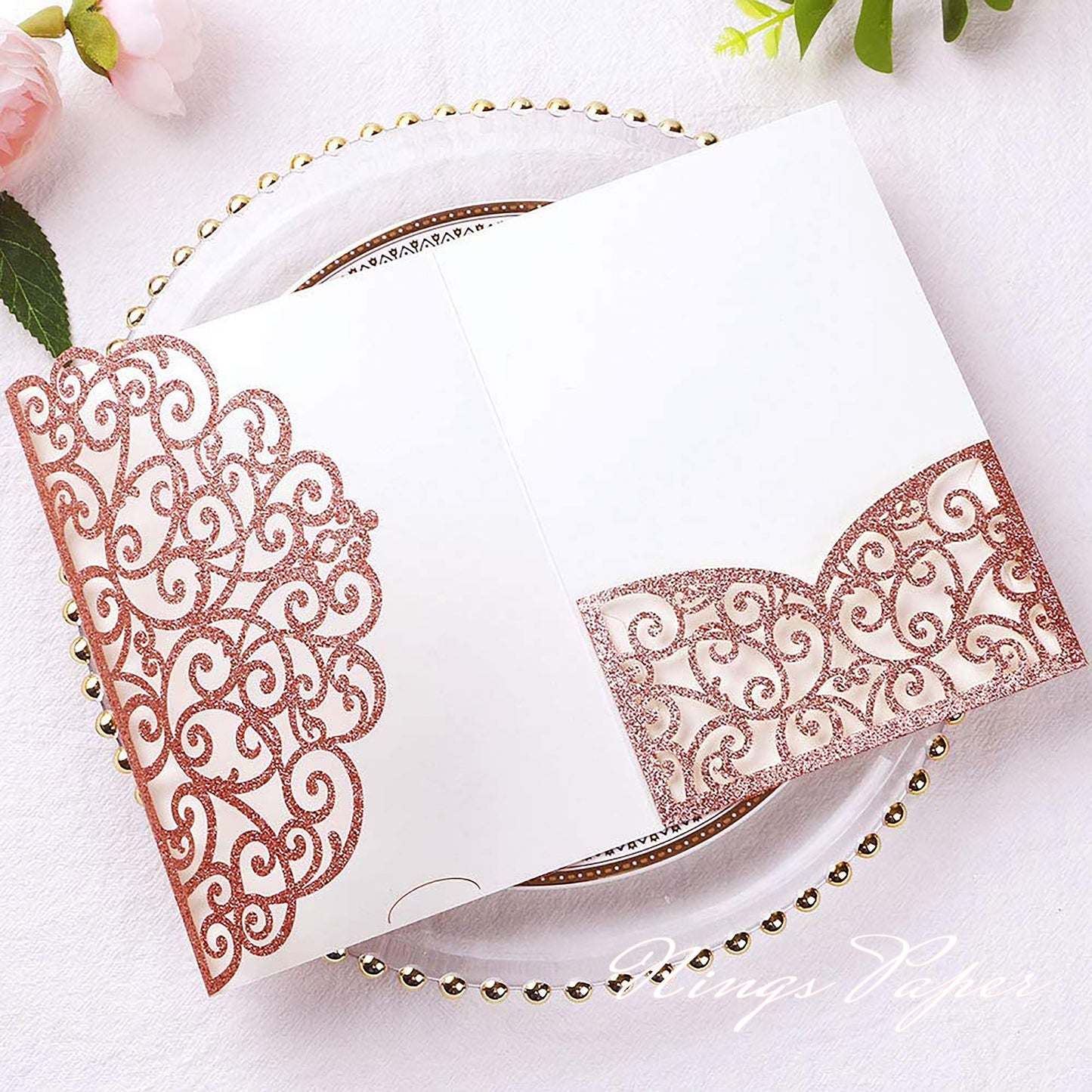 NingsPaper Rose Glitter Triple Folded Laser Cut Wedding Invitation Pocket