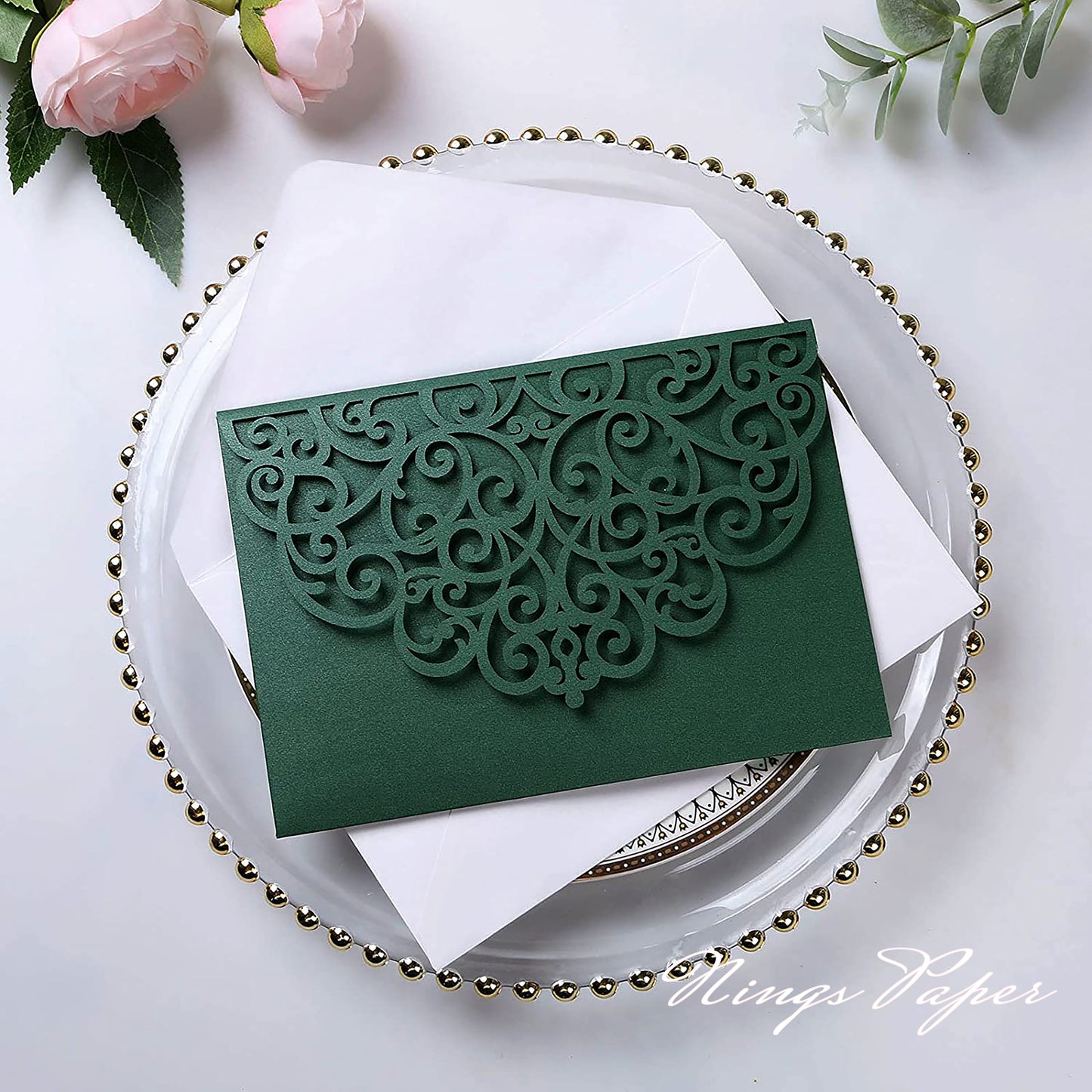 NingsPaper Emerald Green Triple Folded Laser Cut Wedding Invitation Pocket