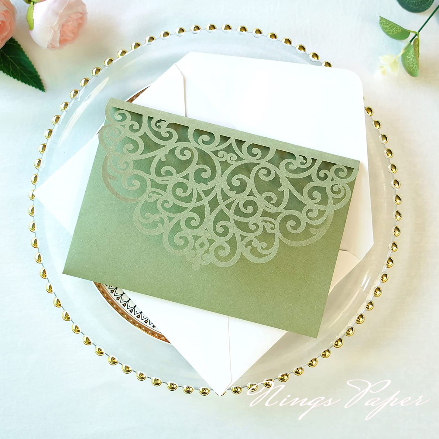 NingsPaper Sage Green Triple Folded Laser Cut Wedding Invitation Pocket