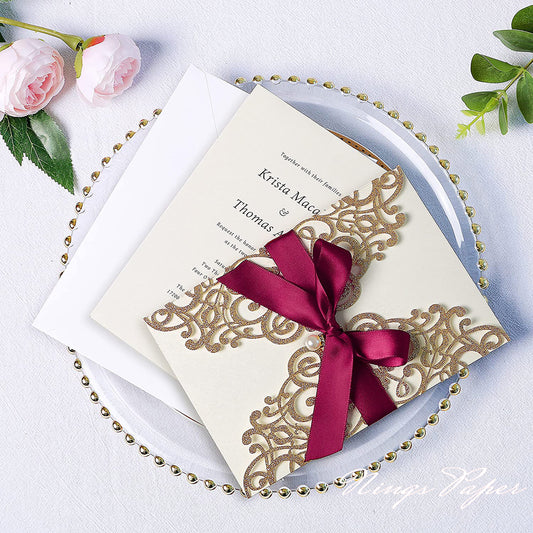 Gold Glitter Laser Cut Wedding Invitations Cards with Burgundy Bow-knot