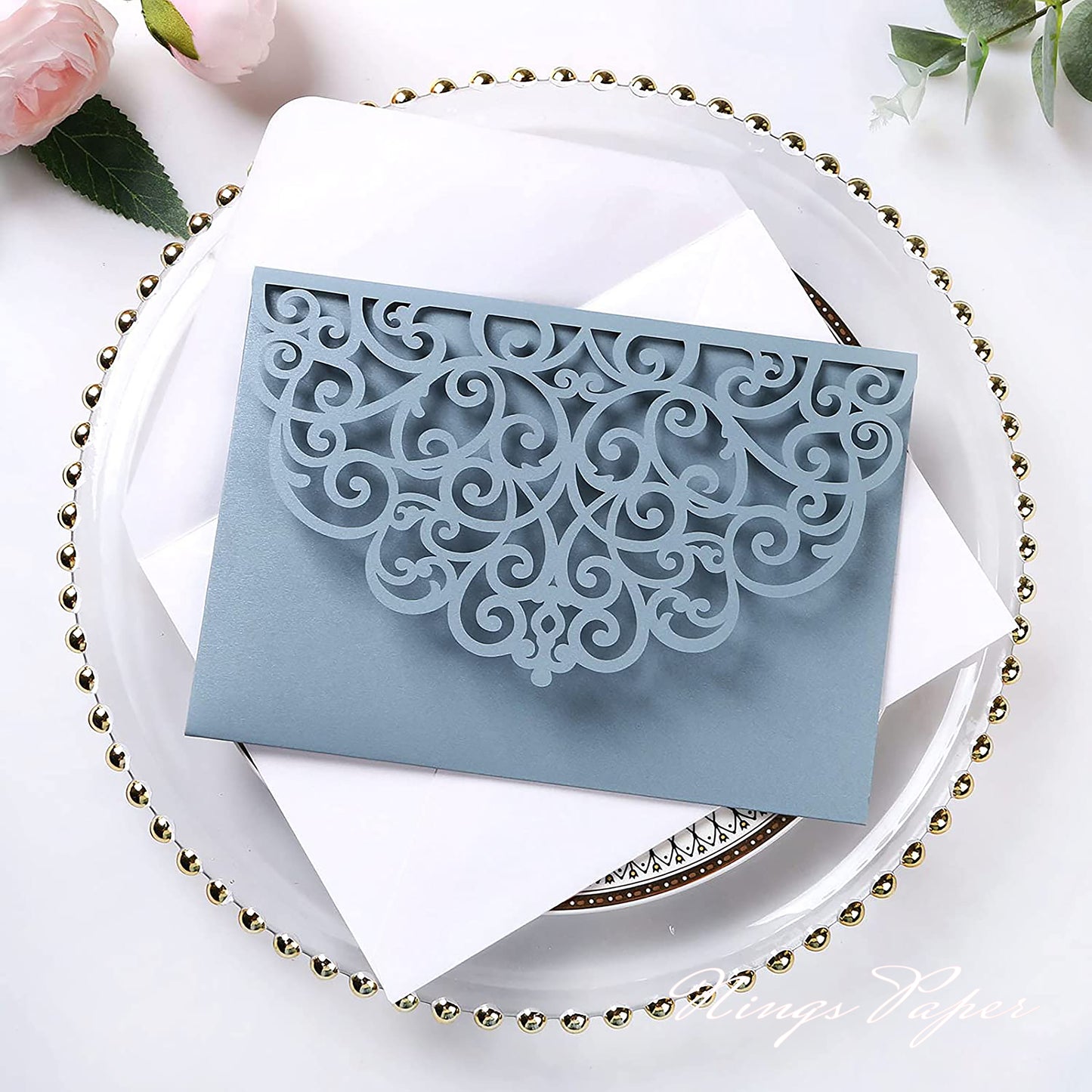 NingsPaper Dusty Blue Triple Folded Laser Cut Wedding Invitation Pocket