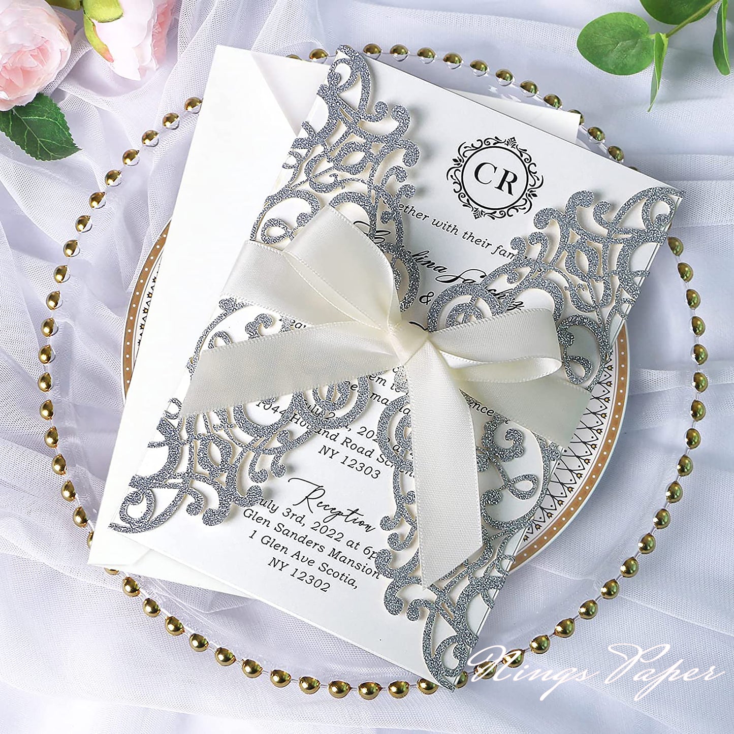 Silver Glitter Laser Cut Wedding Invitations Cards with Ivory Bow-knot