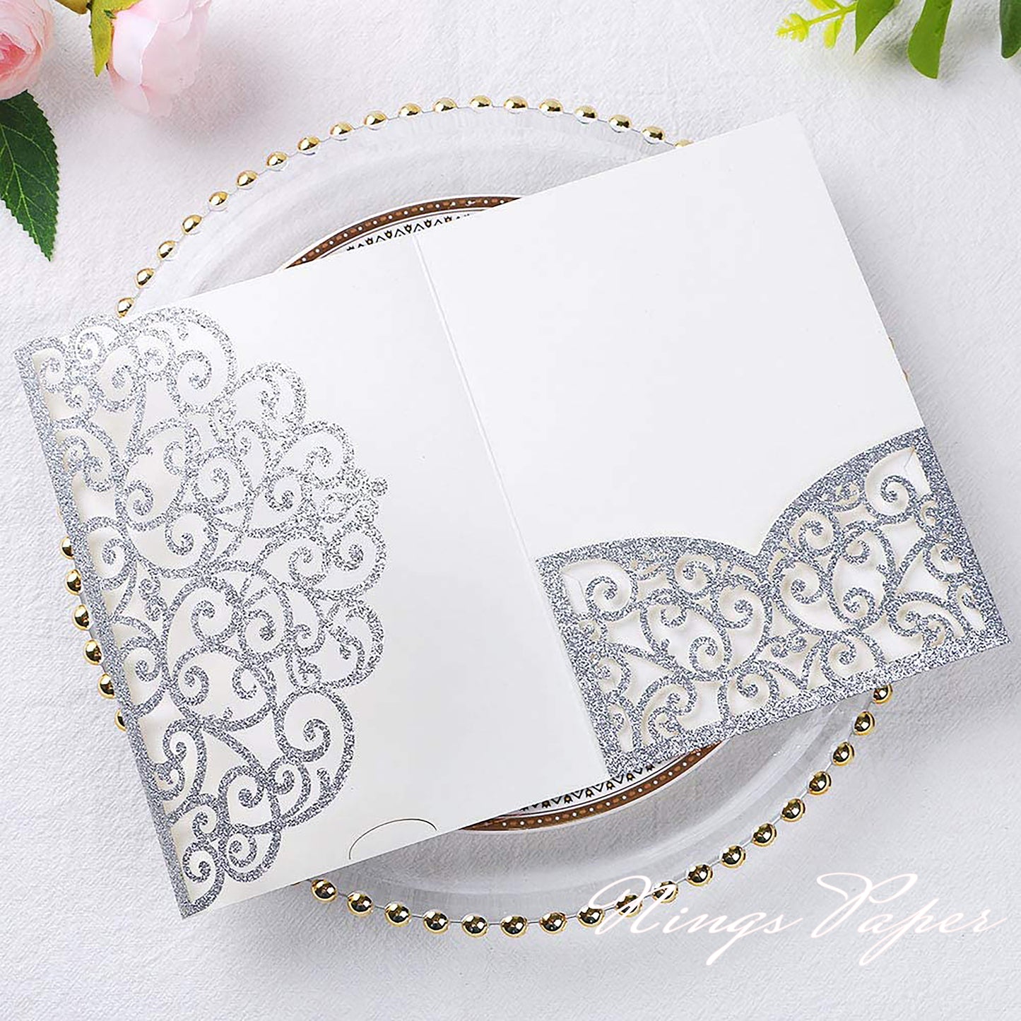 NingsPaper Silver Glitter Triple Folded Laser Cut Wedding Invitation Pocket