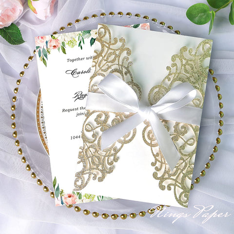 Champagne Gold Glitter Laser Cut Wedding Invitations Cards with White Bow-knot
