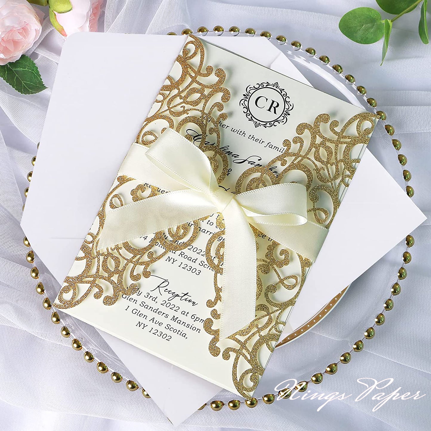 Gold Glitter Laser Cut Wedding Invitations Cards with Ivory Bow-knot