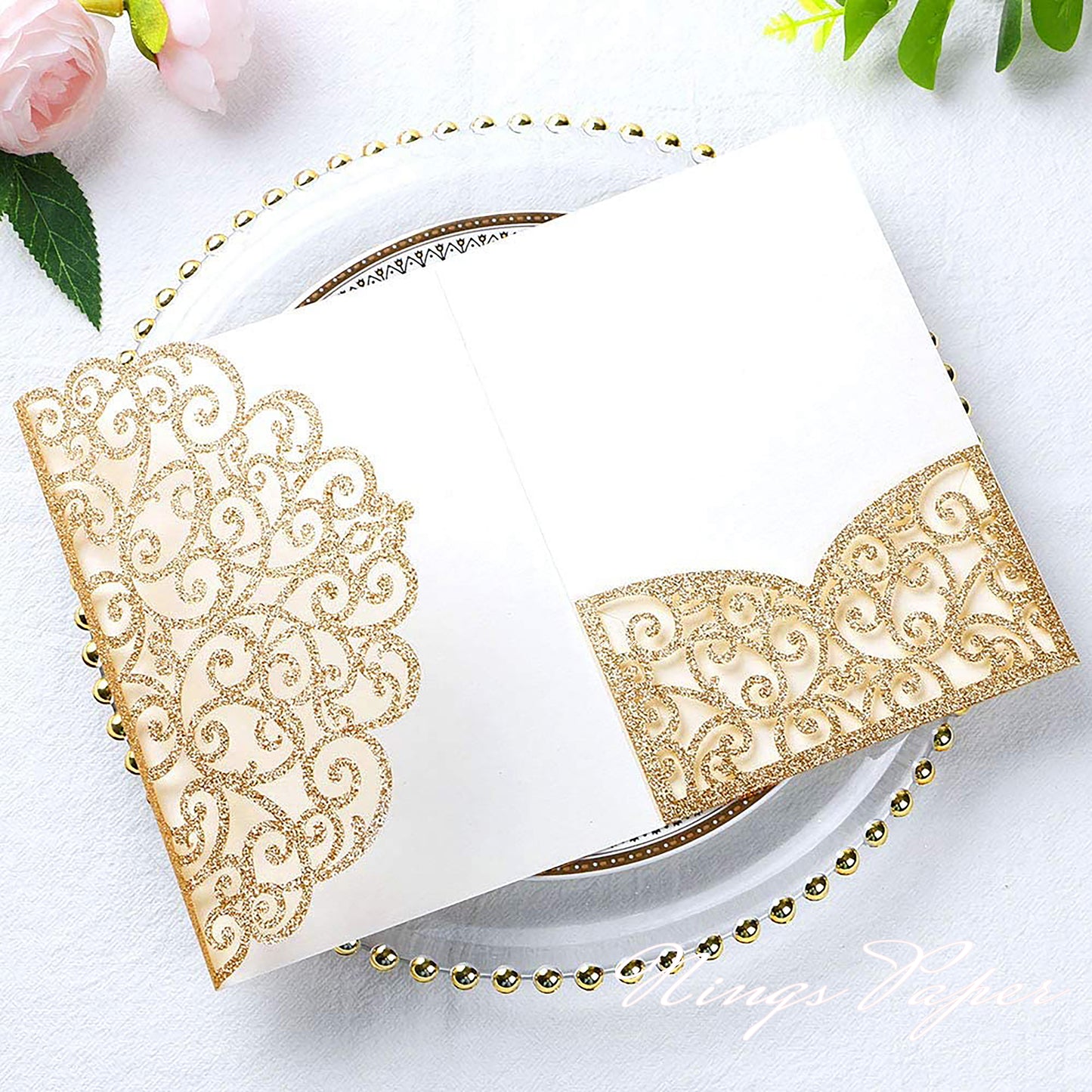 NingsPaper Gold Glitter Triple Folded Laser Cut Wedding Invitation Pocket